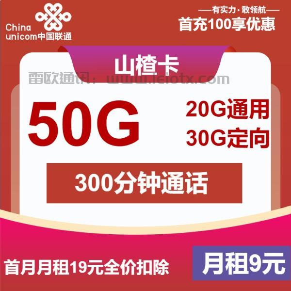 中国联通山楂卡9元月租20g定向＋30g通用300分钟免费通话