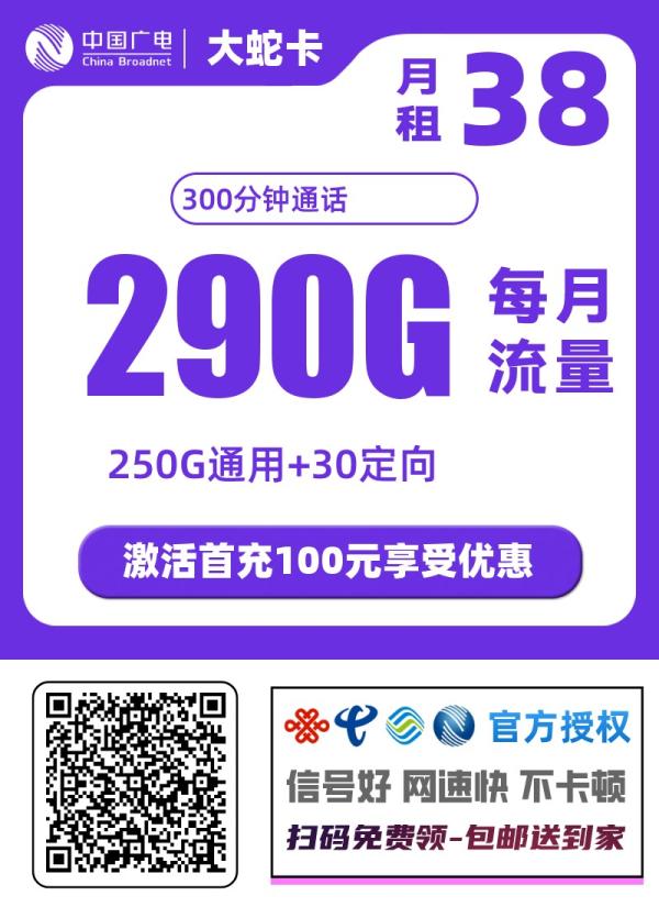 中国广电大蛇卡深度解析：38元享290G流量+300分钟，广电神卡是否值办理？